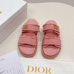 DIOR CLASSIC DOUBLE-STRAP SLIDES 25S IN PEACHY PINK DENIM AND CALFSKIN