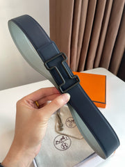 H TONIGHT BELT 38MM BLACK BUCKLE DARK BLUE GREY LEATHER