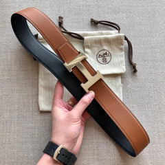 H CONTANCE BELT 38MM GOLD BUCKLE BROWN BLACK LEATHER