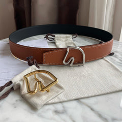 H BELT HORSE BUCKLE BROWN BLACK LEATHER REVERSIBLE  3.8CM