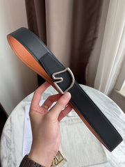 H BELT HORSE BUCKLE BROWN BLACK LEATHER REVERSIBLE  3.8CM