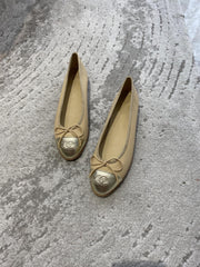 BALLET FLATS BEIGE SILVER LAMBSKIN CANVAS