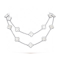 CLOVER 20 MOTIF WHITE MOP 86CM SILVER NECKLACE