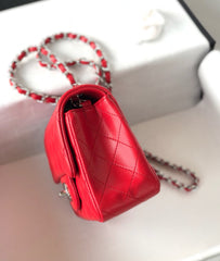 MINI SQUARE FLAP BAG 17CM RED LAMBSKIN SILVER HARDWARE