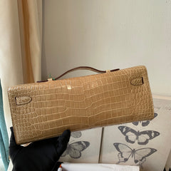 KELLY CUT 31 IN TORTILLA BROWN ALLIGATOR LEATHER WITH SILVER HARDWARE