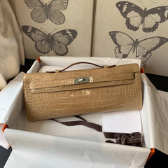 KELLY CUT 31 IN TORTILLA BROWN ALLIGATOR LEATHER WITH SILVER HARDWARE