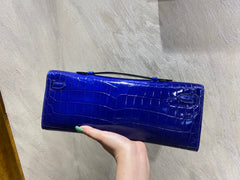KELLY CUT 31 IN ADMIRAL BLUE SHINNY ALLIGATOR LEATHER WITH SILVER HARDWARE