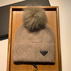 BEANIE HAT IN CAMEL BROWN WOOL AND RABBIT FUR 361437