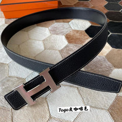 HM CONSTANCE BELT BUCKLE & REVERSIBLE BLACK LEATHER STRAP 38MM SILVER HARDWARE
