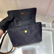SMALL QUILTED FLAP BAG 18 IN BLACK RE-NYLON FABRIC GOLD CHAIN