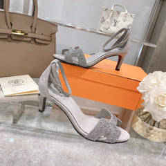 PREMIERE 70 SANDAL IN PALE GRAY SUEDE WITH CRYSTALS