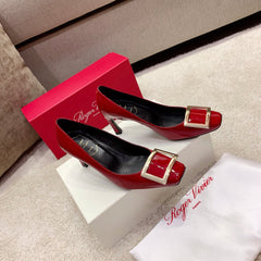 BELLE VIVIER PUMPS IN RED GLOSSY CALFSKIN GOLD BUCKLE