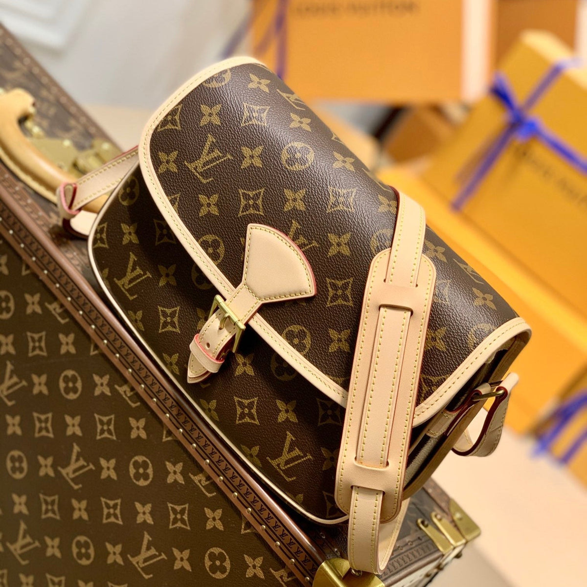 DIANE 27 IN BROWN MONOGRAM COATED CANVAS AND CALFSKIN