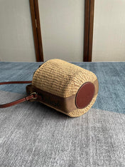 SMALL WOODY BASKET 17 IN NATURAL FIBERS BROWN WEBBING DARK BROWN CALFSKIN