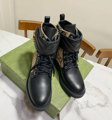 LACE-UP ANKLE BOOTS WITH DOUBLE G BUCKLE IN BEIGE CANVAS AND BLACK SHEEPSKIN