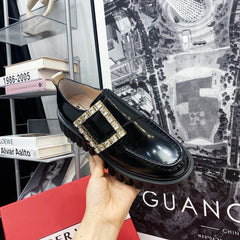 VIV' RANGERS LOAFERS IN BLACK SHINY CALFSKIN WITH CRYSTAL BUCKLE ON THE SIDE OF THE TONGUE