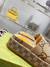 LV MONOGRAM THICK PLATFORM SANDALS IN BEIGE CANVAS