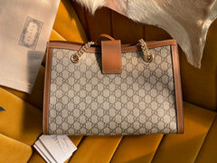 GG PADLOCK LARGE 35 SHOULDER BAG BEIGE CANVAS AND BROWN CALFSKIN