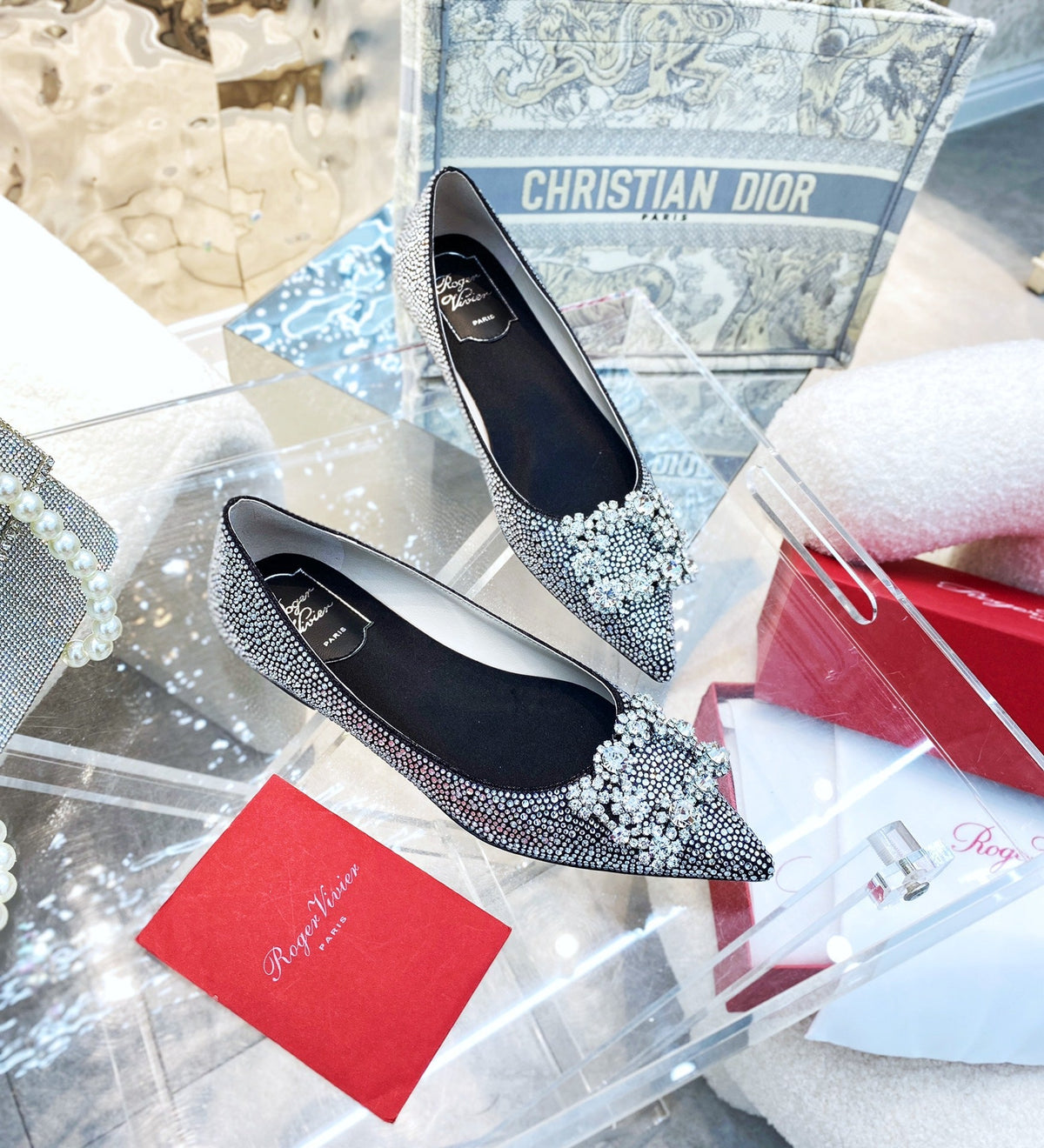 EFFLORESCENCE BALLERINAS IN BLACK CALFSKIN WITH FULLY EMBELLISHED CRYSTALS