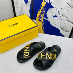 FENDI GRAPHY LOGO LETTERING SLIDES IN BLACK LAMBSKIN WITH GOLD HARDWARE