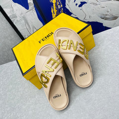 FENDI GRAPHY LOGO LETTERING SLIDES IN BEIGE LAMBSKIN WITH GOLD HARDWARE