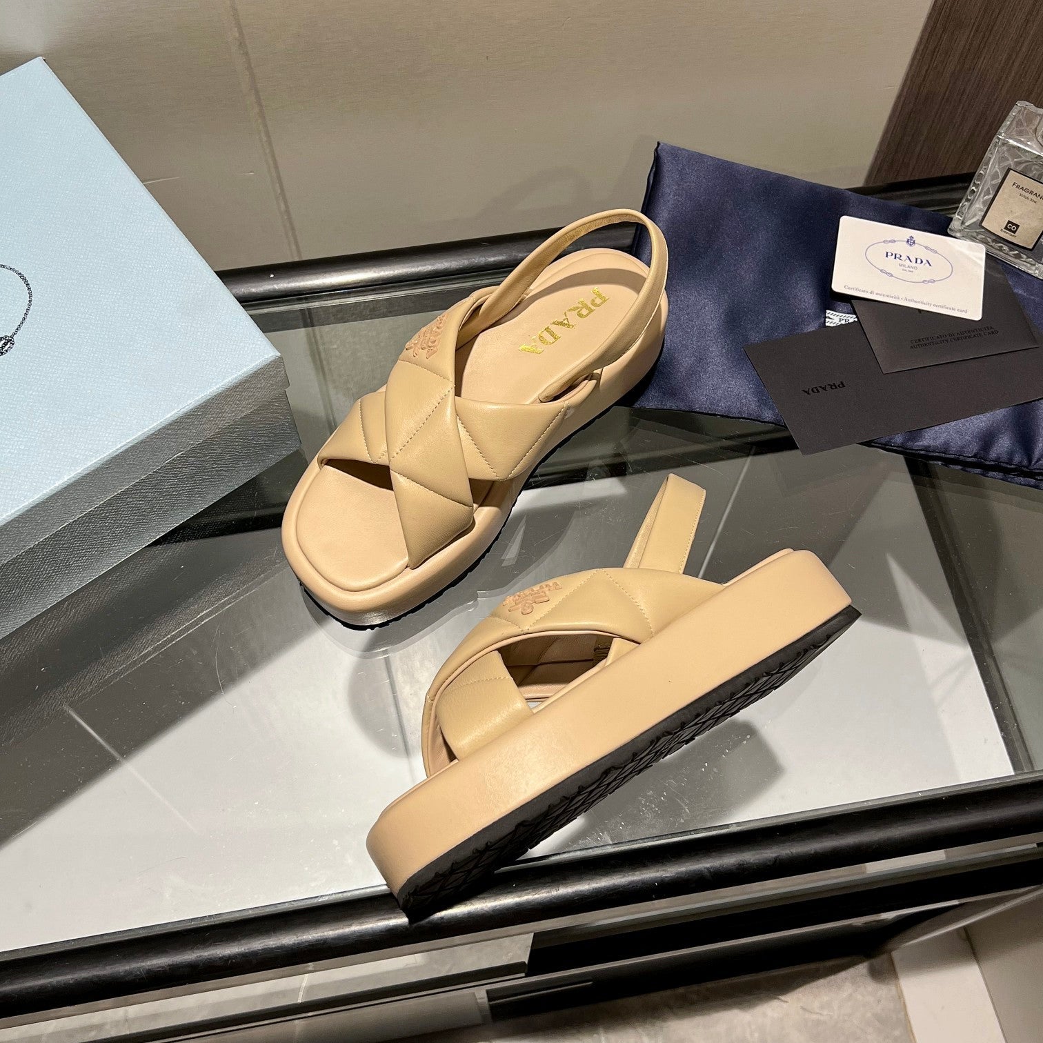 PRA PADDED CRISSCROSS SANDALS BEIGE LAMBSKIN
