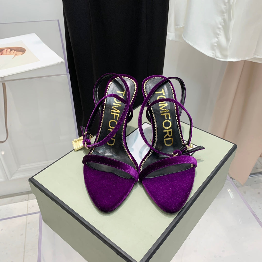 PADLOCK HIGH HEEL 10 CM SANDAL IN WINE PURPLE VELVET