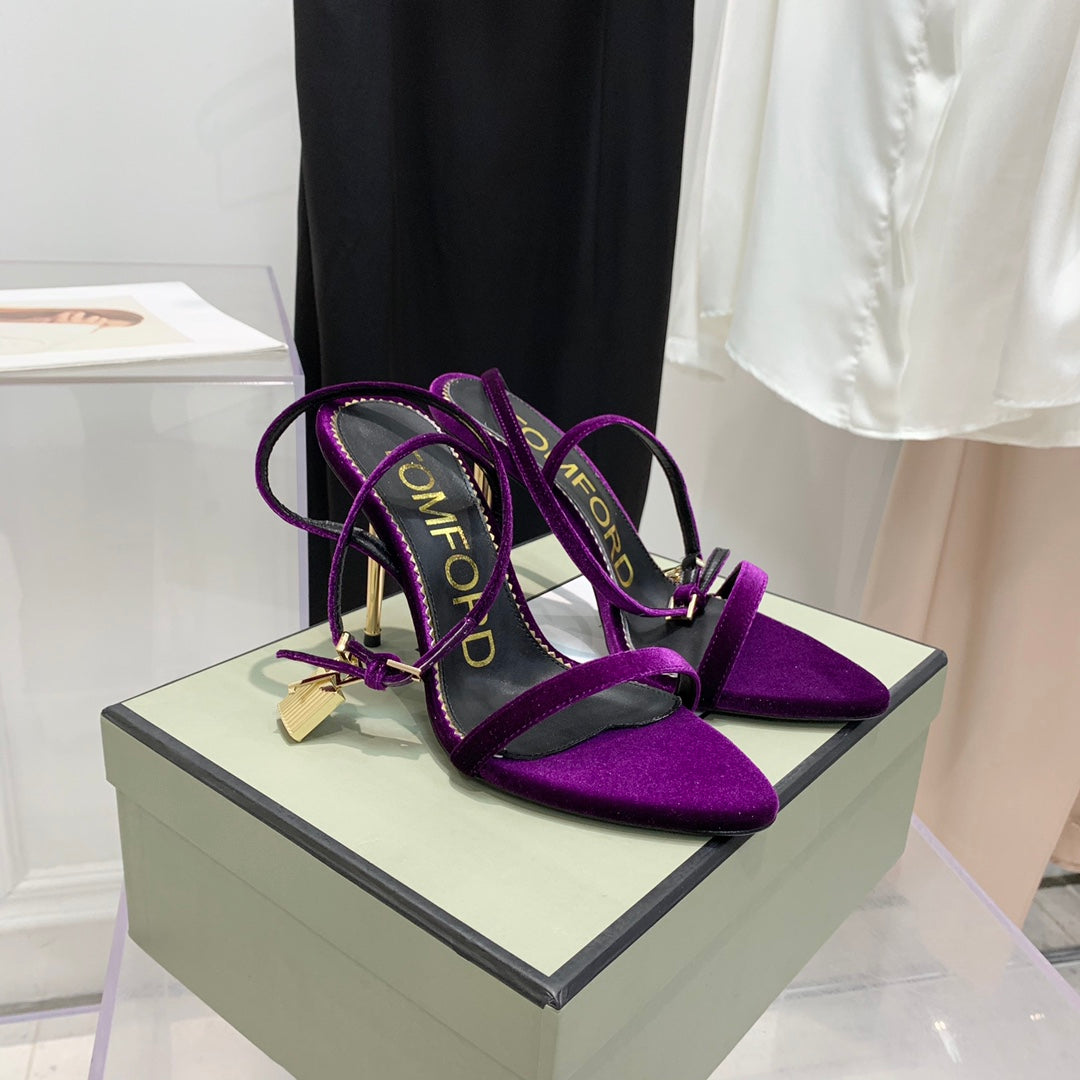 PADLOCK HIGH HEEL 10 CM SANDAL IN WINE PURPLE VELVET