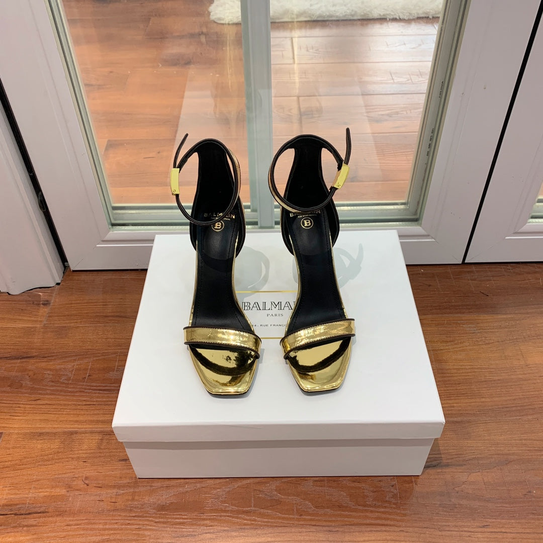 BALMAIN 25S UMA HEELED SANDALS 105MM IN GOLD CALFSKIN
