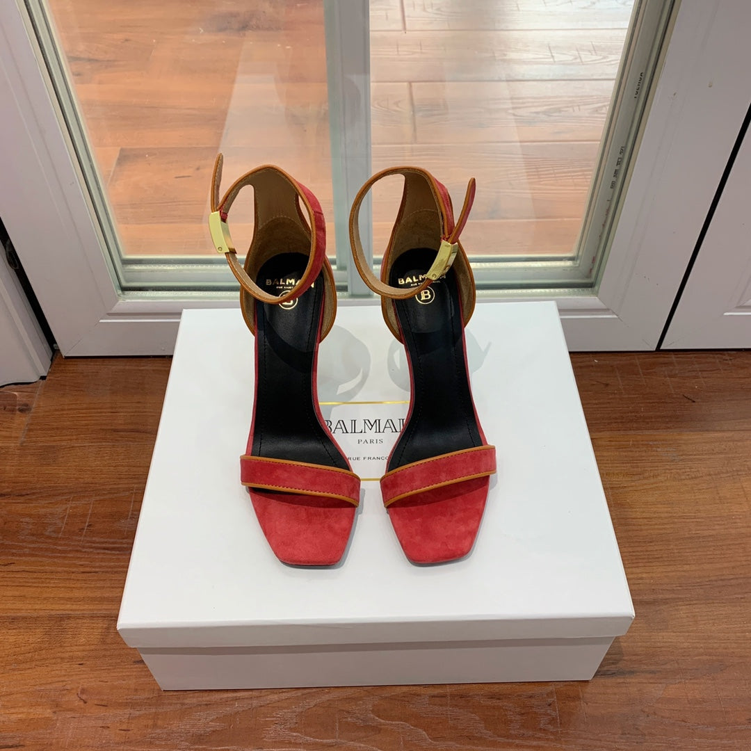 BALMAIN 25S UMA HEELED SANDALS 105MM IN RED SUEDE GOLD HARDWARE