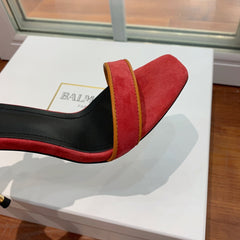 BALMAIN 25S UMA HEELED SANDALS 105MM IN RED SUEDE GOLD HARDWARE