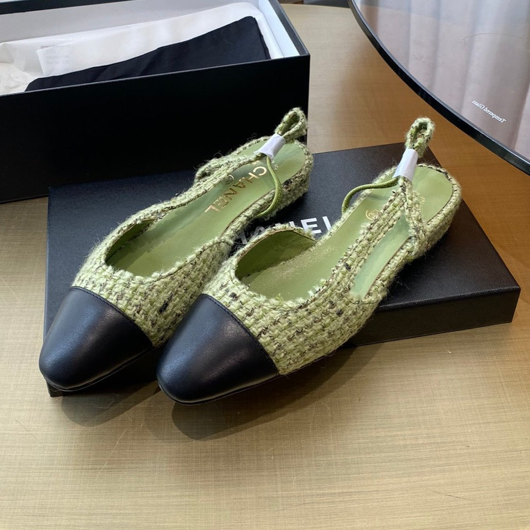 SLINGBACKS IN LIGHT GREEN FABRIC AND BLACK CALFSKIN