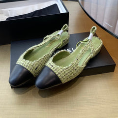 SLINGBACKS IN LIGHT GREEN FABRIC AND BLACK CALFSKIN