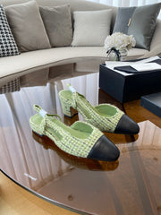 SLINGBACKS IN LIGHT GREEN FABRIC AND BLACK CALFSKIN