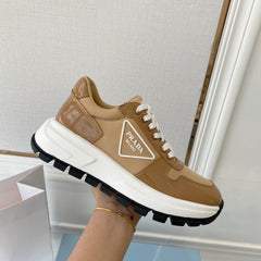 PRADA 25S THICK SOLE SNEAKER IN BROWN CALFSKIN AND CANVAS