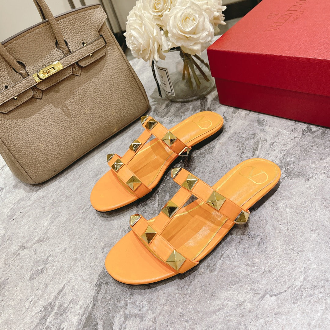 ROMAN STUD MANGO ORANGE CALFSKIN FLAT SLIDE SANDAL 25 MM