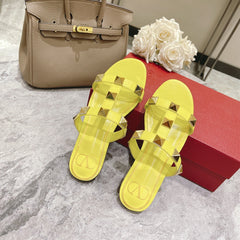 ROMAN STUD BRIGHT YELLOW CALFSKIN FLAT SLIDE SANDAL 25 MM