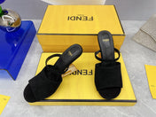 FENDI FIRST 95 MM HIGH-HEELED SANDAL IN BLACK SUEDE GOLD HARDWARE