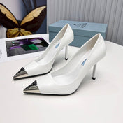 PRADA 26S PUMPS STILETTO HEEL 95MM IN WHITE METAL TIP CALFSKIN