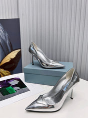 PRADA 26S POINTED TOE PUMPS STILETTO HEEL 95MM IN SILVER PATENT CALFSKIN LOGO