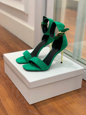 BALMAIN 25S THIN STRAP HIGH HEELS 105MM IN GREEN SUEDE GOLD HARDWARE