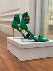 BALMAIN 25S THIN STRAP HIGH HEELS 105MM IN GREEN SUEDE GOLD HARDWARE