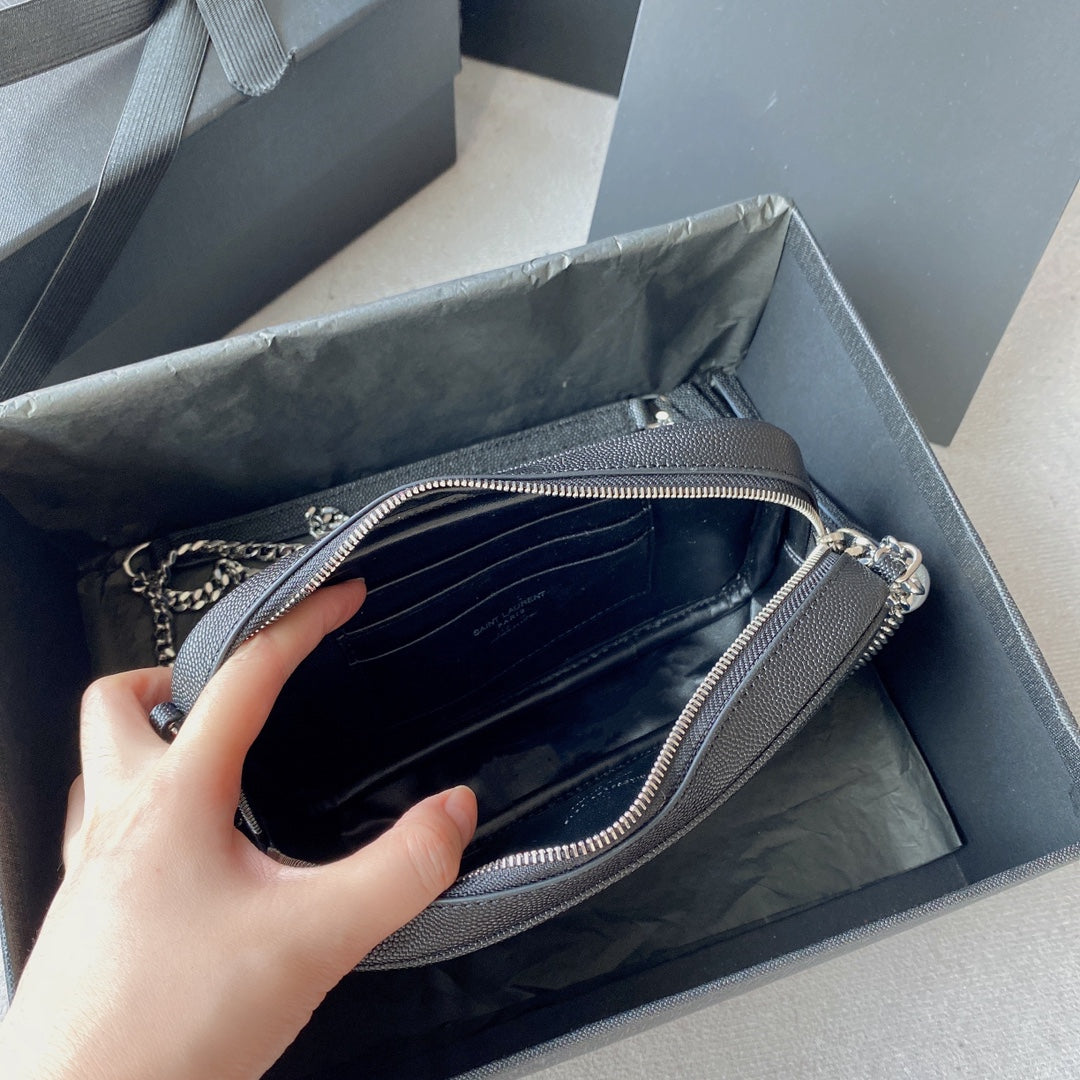 LOU MINI CAMERA BAG 19 IN BLACK CAVIAR PATTERN CALFSKIN SILVER HARDWARE