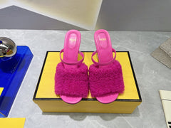 FENDI FIRST HIGH HEEL 95 MM SANDAL IN BRIGHT PINK MINK FUR