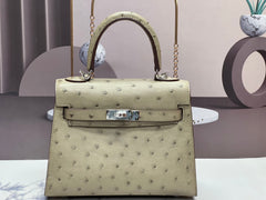 KELLY BAG 20 IN KHAKI TAN OSTRICH LEATHER WITH SILVER HARDWARE