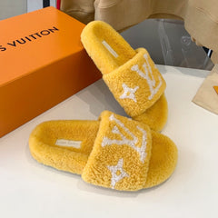 LV WOMEN'S PASEO FLAT SLIPPER IN YELLOW FLEECE WITH WHITE LOGO