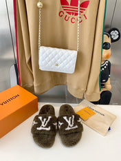 LV WOMEN'S PASEO FLAT SLIPPER IN OLIVE GREEN FLEECE WITH WHITE LOGO
