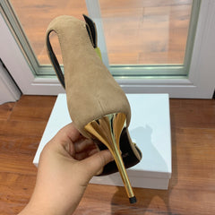 BALMAIN 25S METAL STRAP HIGH HEELS 95MM IN LIGHT BROWN SUEDE GOLD HARDWARE