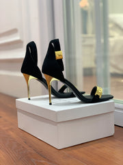 BALMAIN 25S METAL STRAP HIGH HEELS 95MM IN BLACK SUEDE GOLD HARDWARE