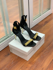 BALMAIN 25S METAL STRAP HIGH HEELS 95MM IN BLACK SUEDE GOLD HARDWARE
